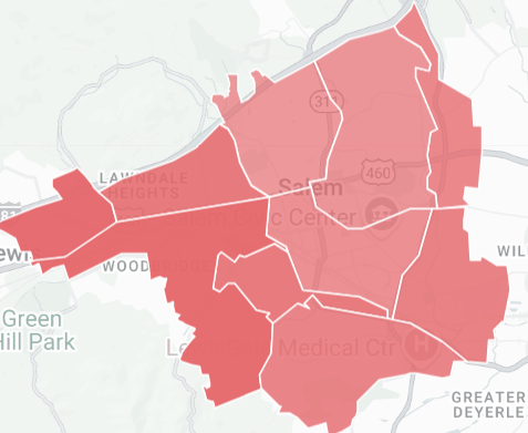 Map of Virginia with colorized counties showing red and blue