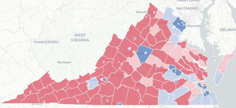 Map of Virginia with colorized counties showing red and blue