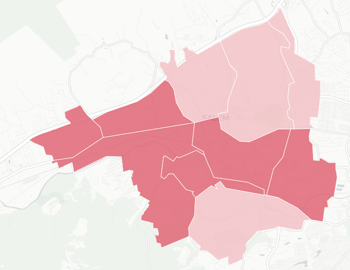 Map of Virginia with colorized counties showing red and blue