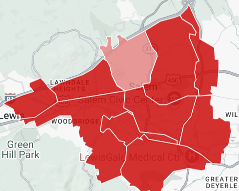 Map of Virginia with colorized counties showing red and blue